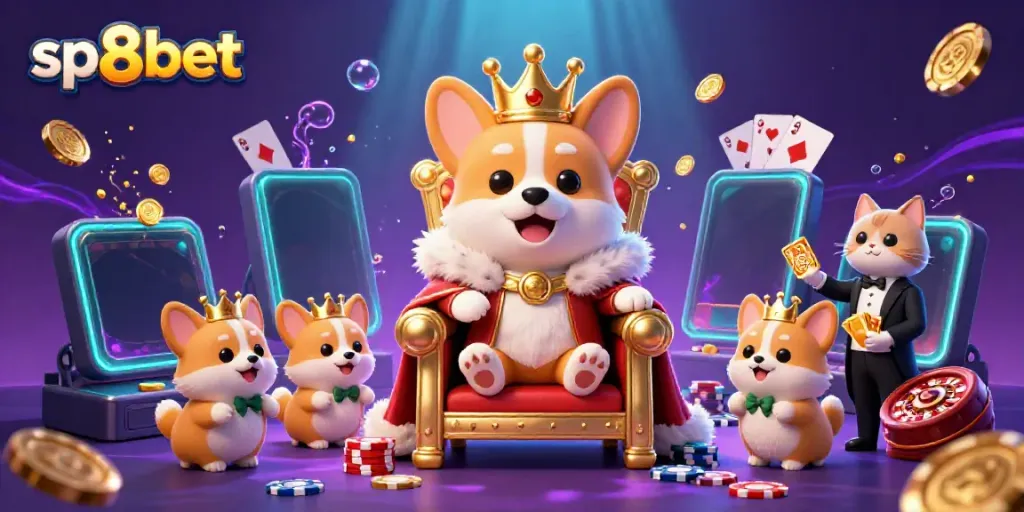 Experience sp8bet's thrilling gaming adventure with a royal corgi and lavish casino elements.