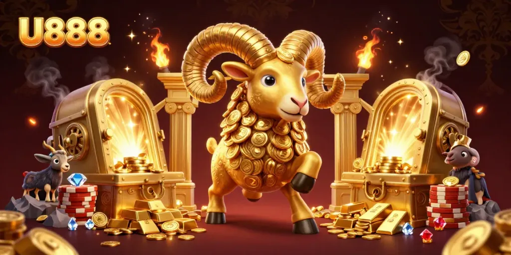U888 enhances your gaming experience with a vibrant 3D illustration showcasing a golden ram and treasures.