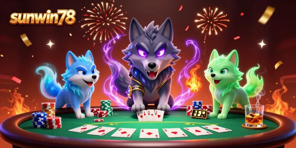 Experience the thrill of poker with sunwin78's ghostly wolf guardians at a vibrant casino scene.