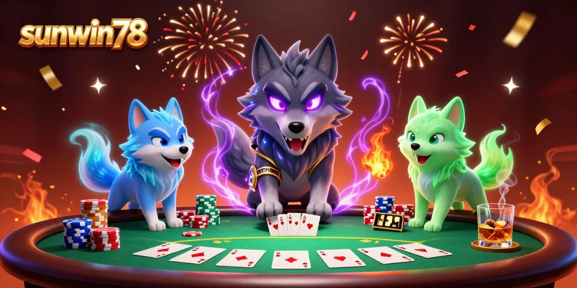 Experience the thrill of poker with sunwin78's ghostly wolf guardians at a vibrant casino scene.