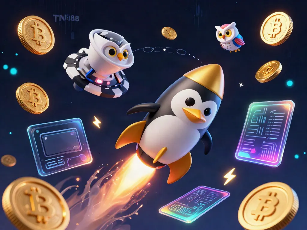 Join the fun at TN88 as our golden penguin zooms toward a casino space station amidst coins and crypto delights.