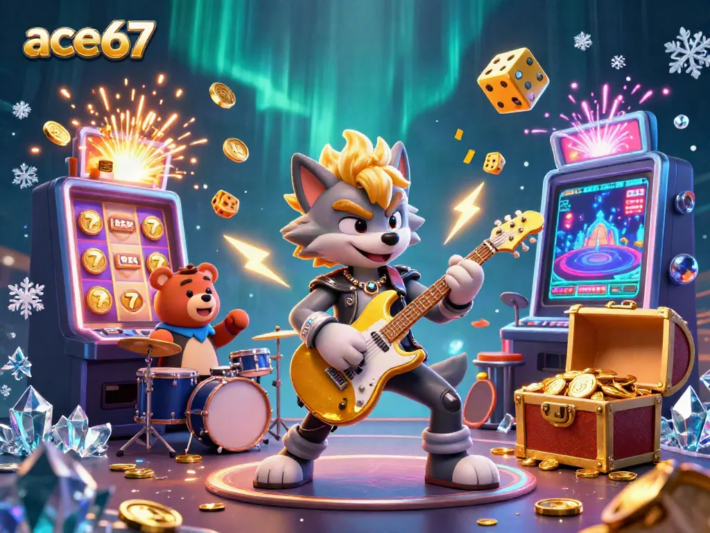 Engaging ace67 casino scene showcasing a rock star wolf and drummer bear with jackpot explosions.