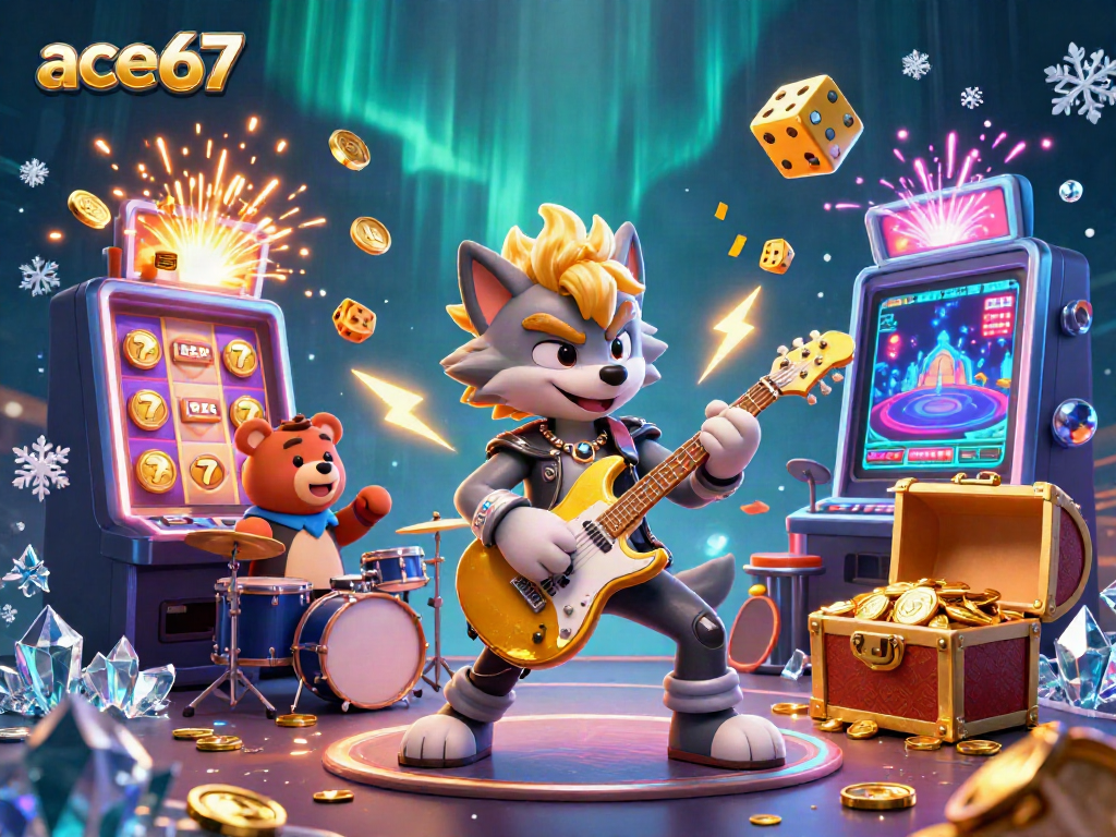 Engaging ace67 casino scene showcasing a rock star wolf and drummer bear with jackpot explosions.
