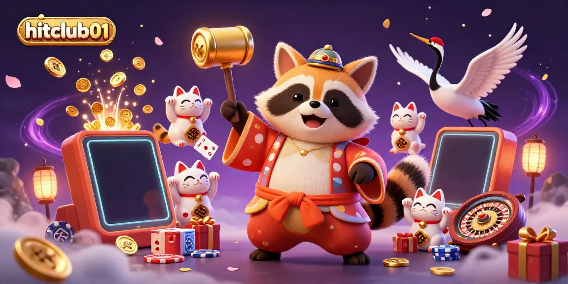 Experience hitclub01 with a festive 3D casino scene featuring a tanuki and vibrant elements of luck.
