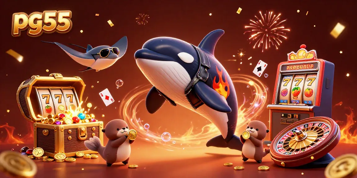 Win big with pg55 as a cartoon orca, stingray, and sea otters celebrate in a vibrant casino underwater scene.