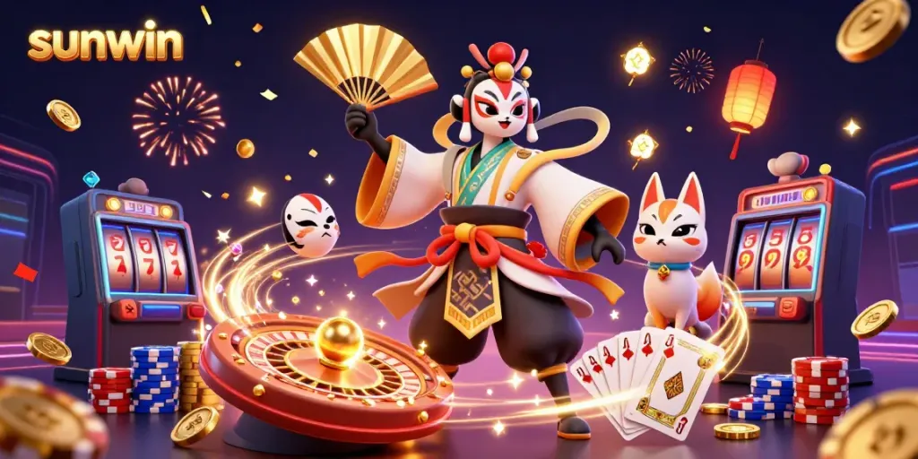 Catch mesmerizing sunwin action with animated warriors and sparkling gems in a vibrant casino scene.