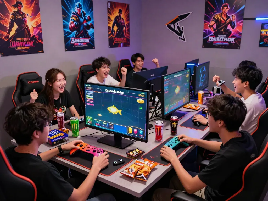 Engaged friends enjoying lại là Bắn cá đổi thưởng at a vibrant gaming setup.