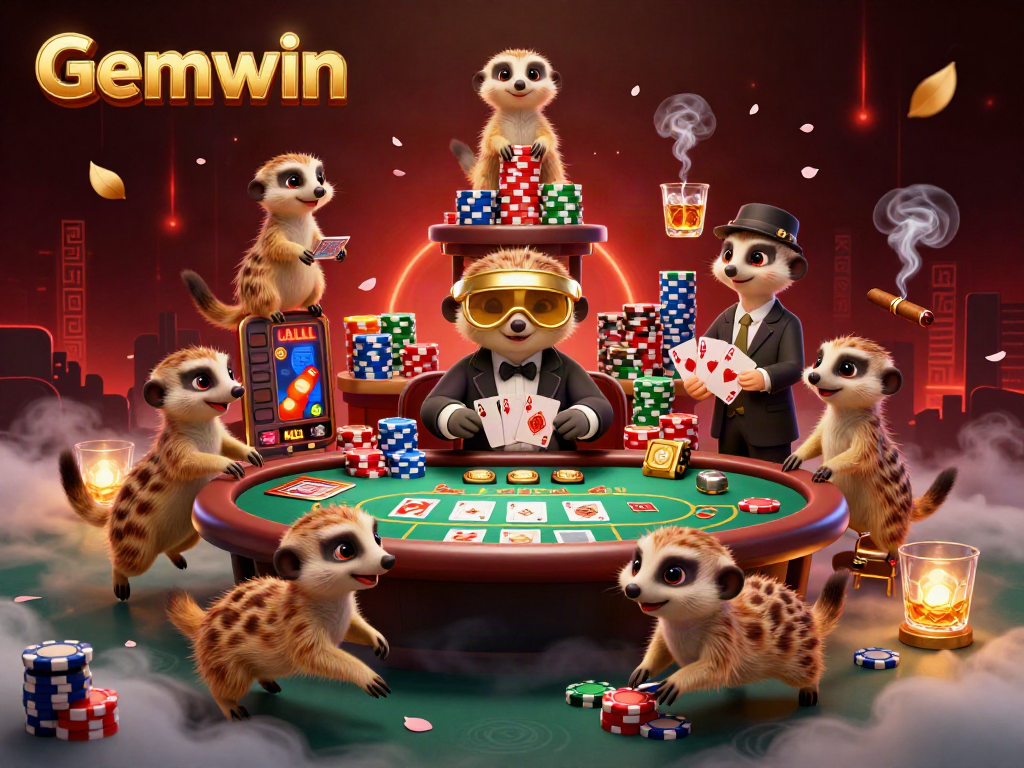 Meerkats managing the Gemwin casino, showcasing vibrant games and stunning visuals.