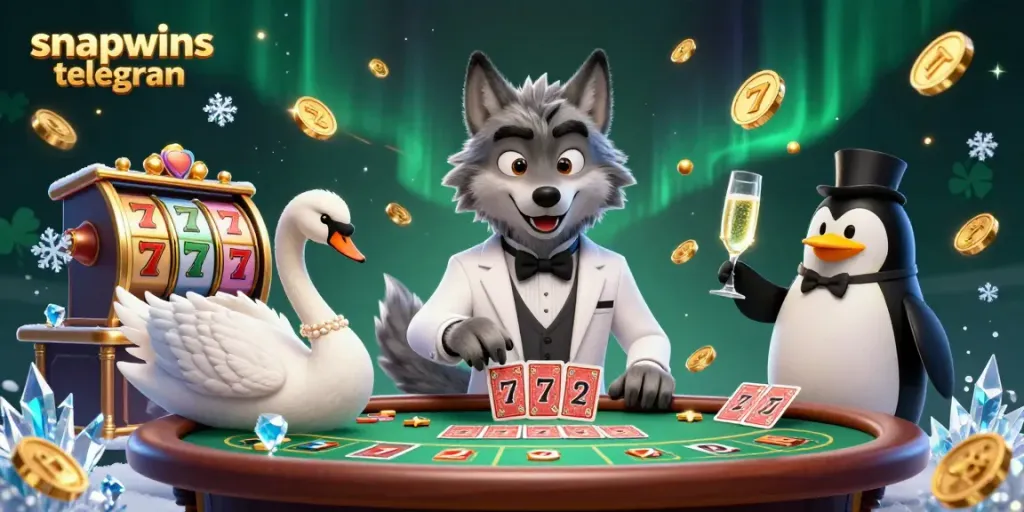 Celebrate with snapwins telegram at a vibrant casino-themed gathering featuring unique characters and gaming elements.