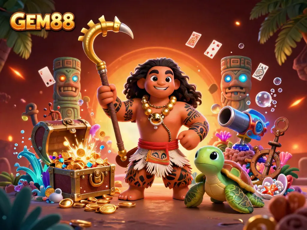 GEM88 illustrates a vibrant 3D casino scene with underwater treasures and energetic characters.