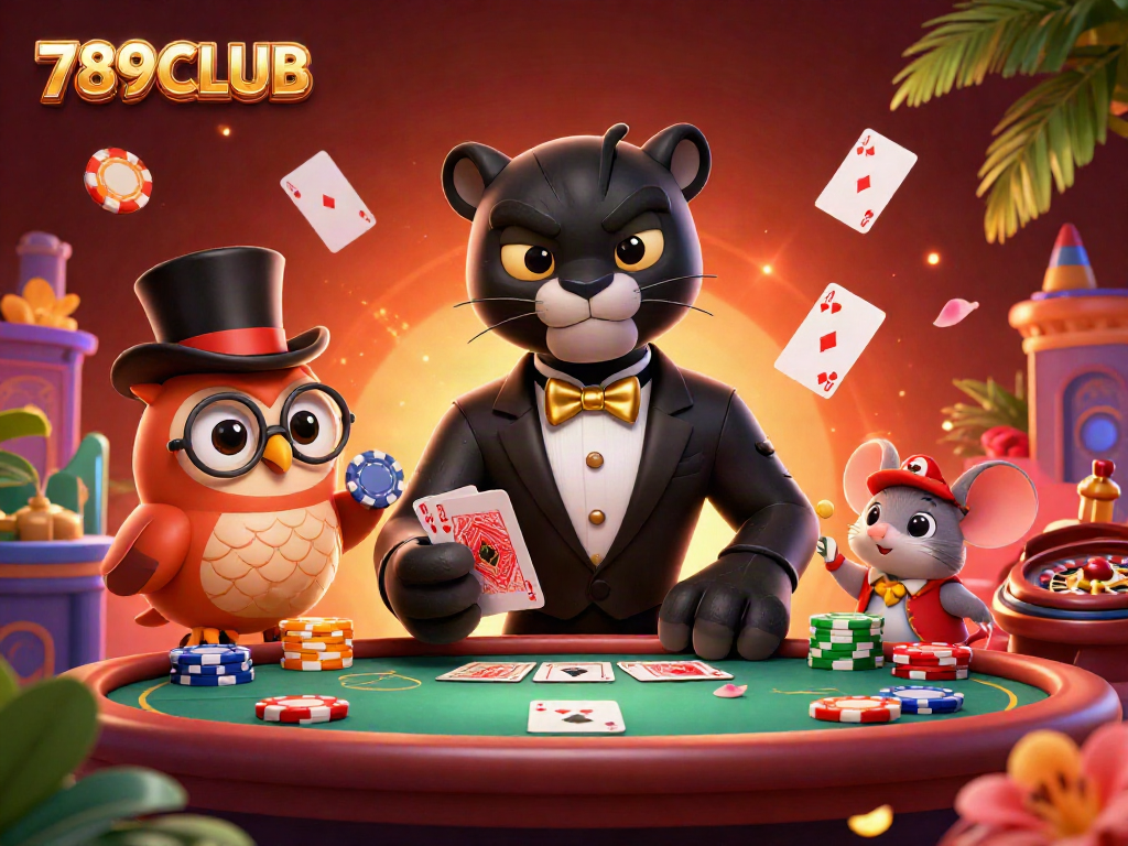 Experience thrilling card games at 789CLUB with a stylish panther dealer, adorable owl, and lucky mouse!