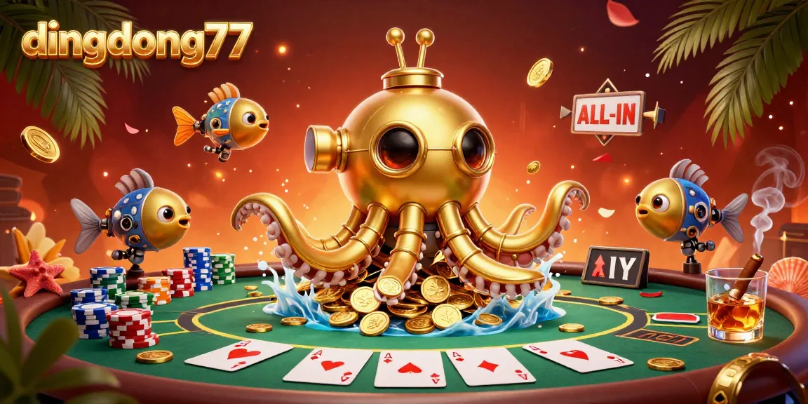 Experience thrilling gameplay with dingdong77 in a vibrant scene of a golden kraken submarine in a treasure-filled sea.