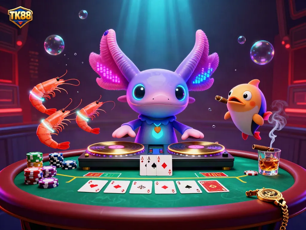 Engage with TK88's vibrant casino experience featuring a neon axolotl DJ and poker elements.