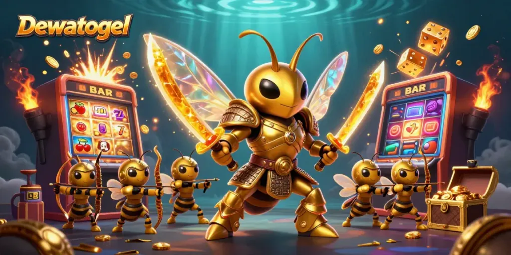 Dewatogel captures the excitement of a casino scene with a golden hornet and bee archers amidst a vibrant jackpot explosion.