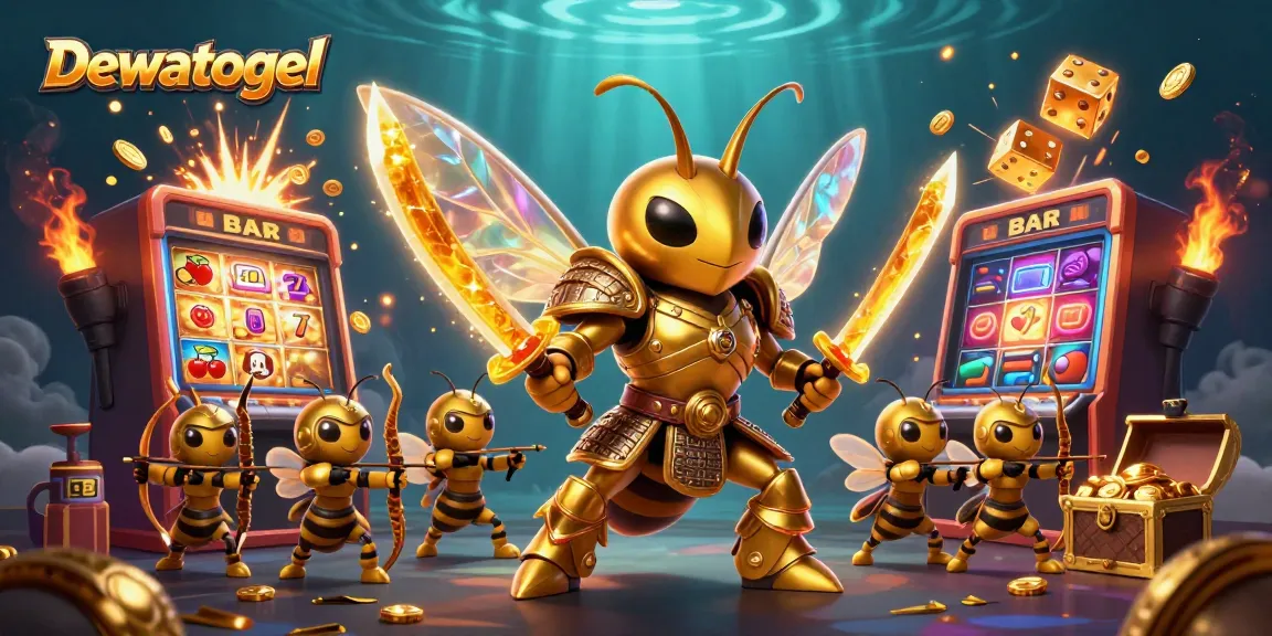 Dewatogel captures the excitement of a casino scene with a golden hornet and bee archers amidst a vibrant jackpot explosion.