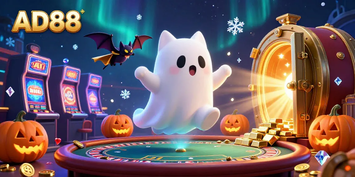 Play at AD88 with a ghost cat and vampire bat in a dynamic haunted casino scene.