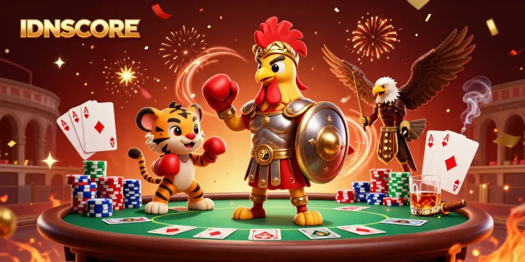 IDNSCORE showcases a dynamic 3D illustration of a gladiator rooster and tiger cub in a vibrant gambling setting.