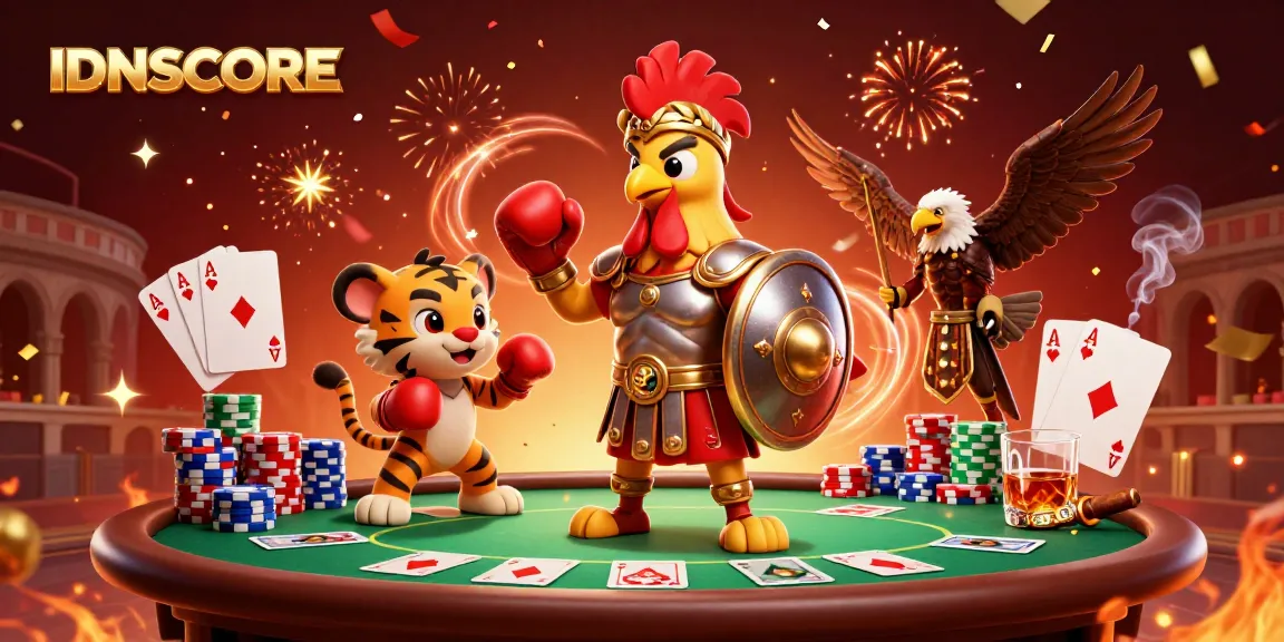 IDNSCORE showcases a dynamic 3D illustration of a gladiator rooster and tiger cub in a vibrant gambling setting.