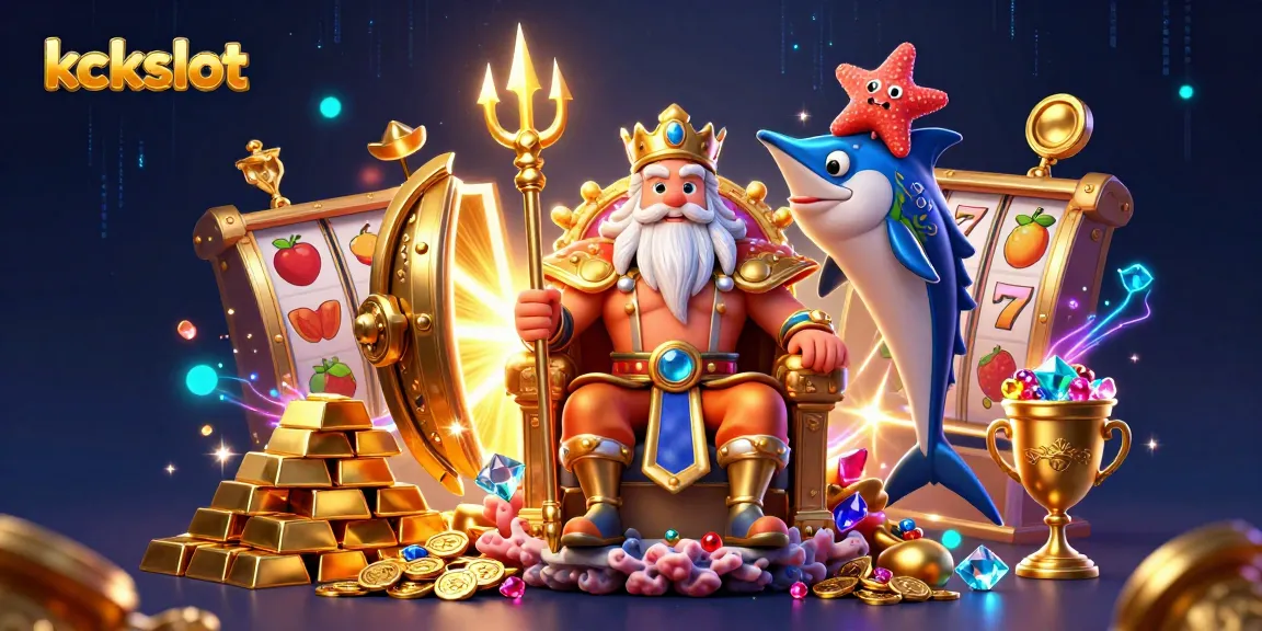 Kckslot menghadirkan ilustrasi kartun 3D dengan Raja Laut, harta karun dan elemen mesin slot yang menarik.