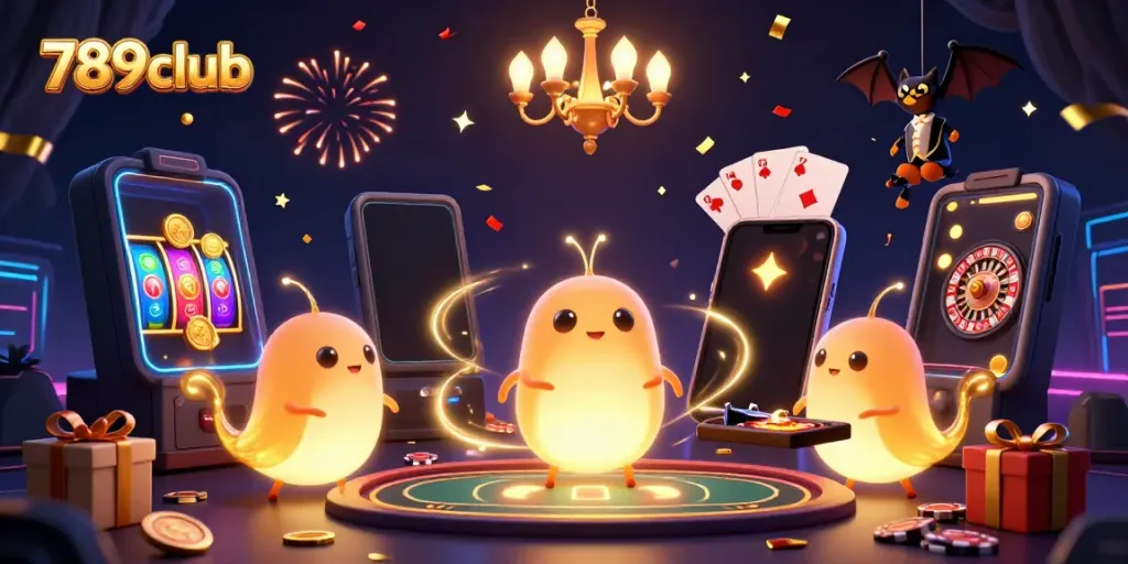 Experience the vibrant world of 789club with cartoon glowworms lighting a cave casino.
