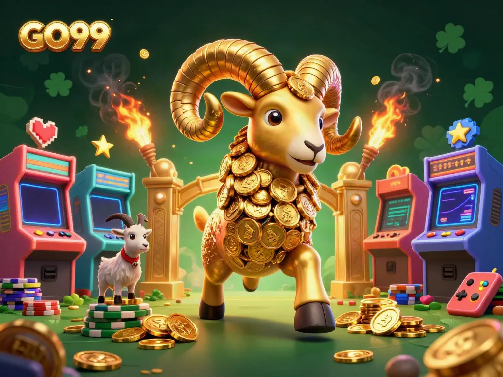 Experience excitement at GO99 with vibrant arcade machines and golden ram amidst colorful gaming elements.