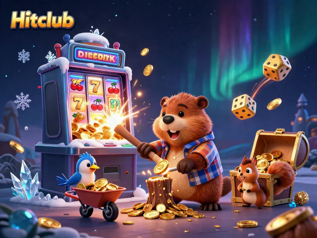 Hitclub features an energetic scene with a lumberjack beaver surrounded by gold coins, slot machines, and dynamic casino elements.