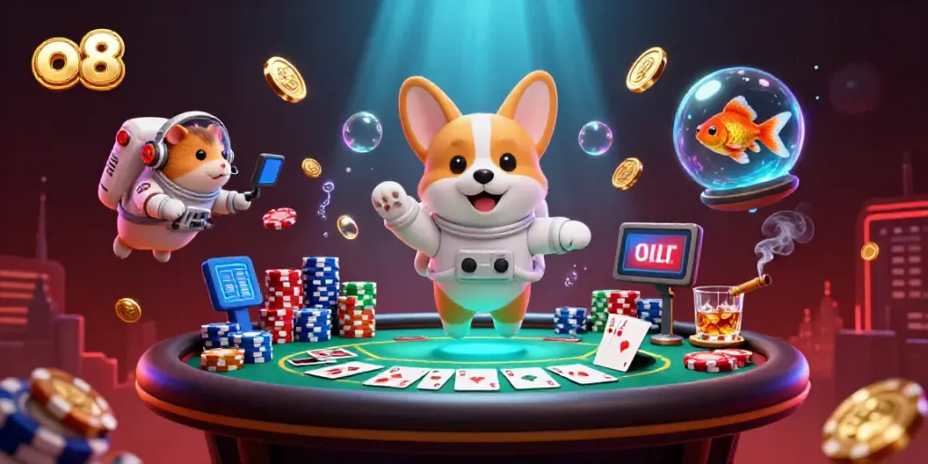 Experience excitement with O8's animated casino universe featuring an astronaut corgi and shimmering golden coins.