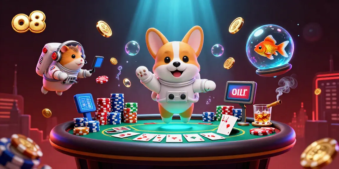 Experience excitement with O8's animated casino universe featuring an astronaut corgi and shimmering golden coins.