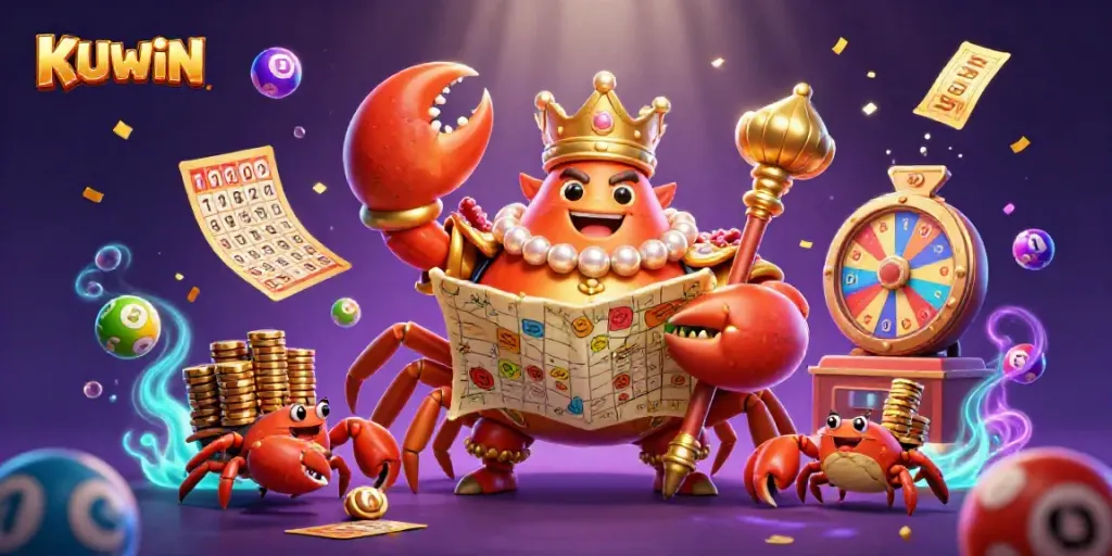 Win big with KUWIN in this vibrant casino-themed illustration featuring a golden crab emperor.