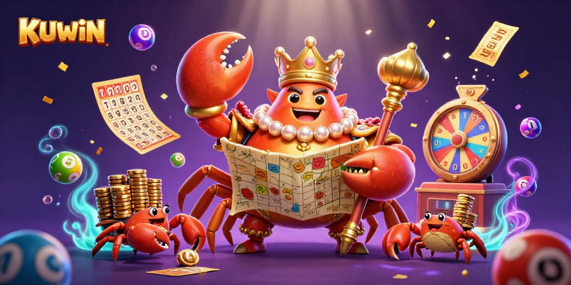 Win big with KUWIN in this vibrant casino-themed illustration featuring a golden crab emperor.