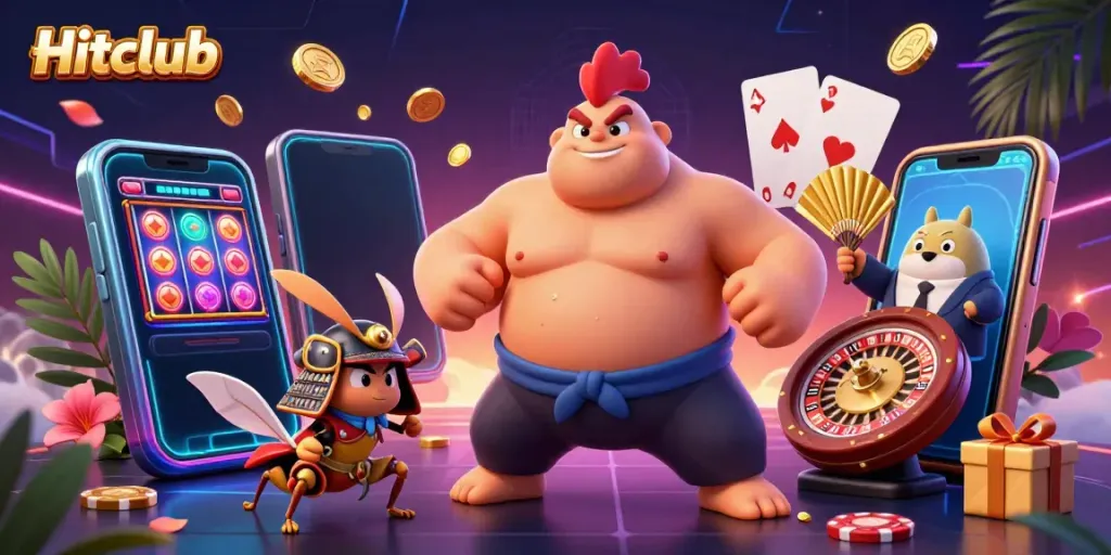 Engage with Hitclub's thrilling casino scene, featuring a dynamic sumo wrestler, cricket, and tanuki amidst vibrant slot games.