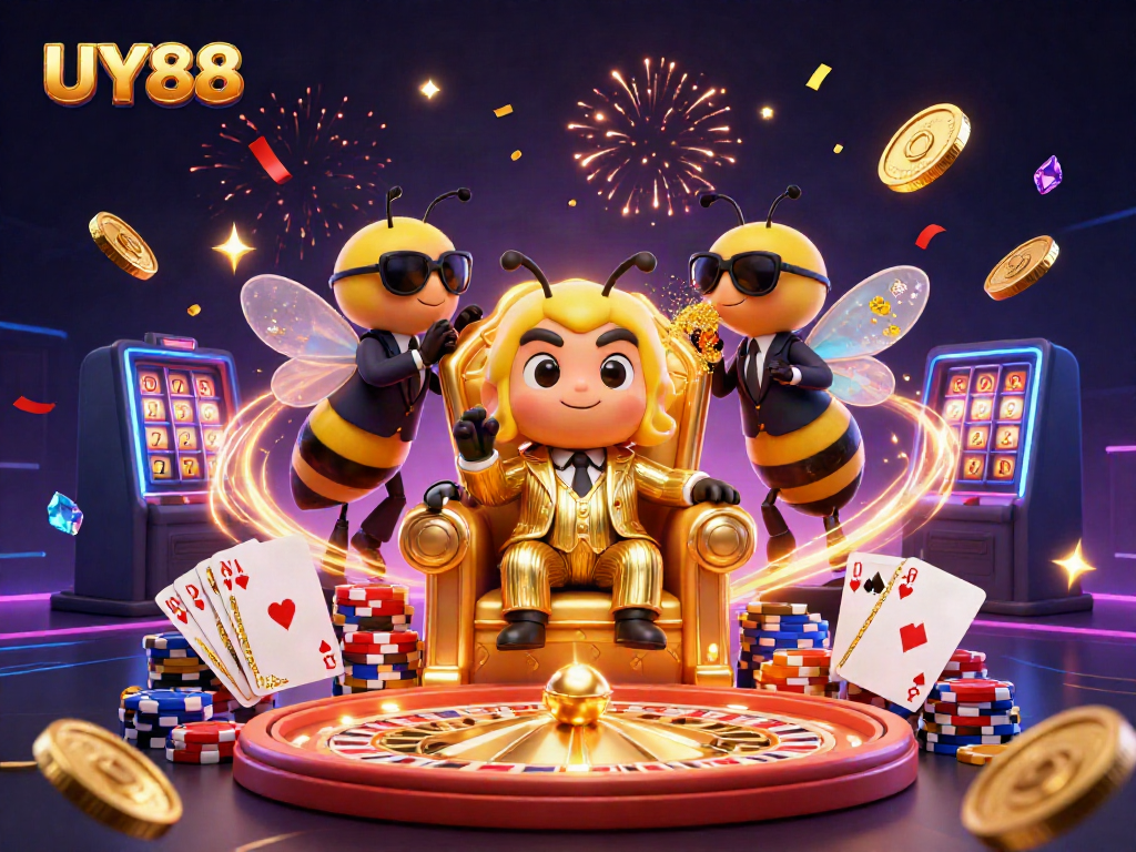 Experience the thrilling world of UY88 with vibrant casino elements and dynamic characters.