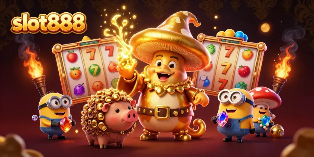 Experience winning thrills at slot888 with a magical golden mushroom wizard and treasure-hunting pig