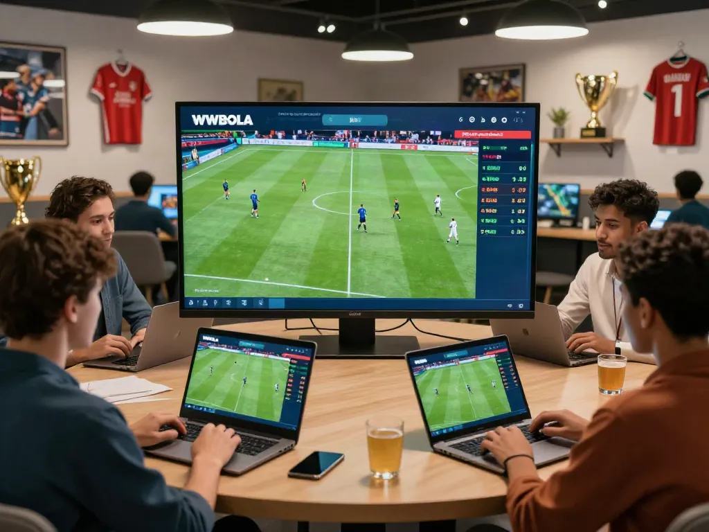 Engaged sports fans using WWBOLA for online betting in a lively lounge.