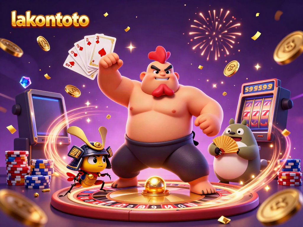 Lakontoto menghadirkan ilustrasi 3D kasino yang penuh dengan karakter unik bertema judi.