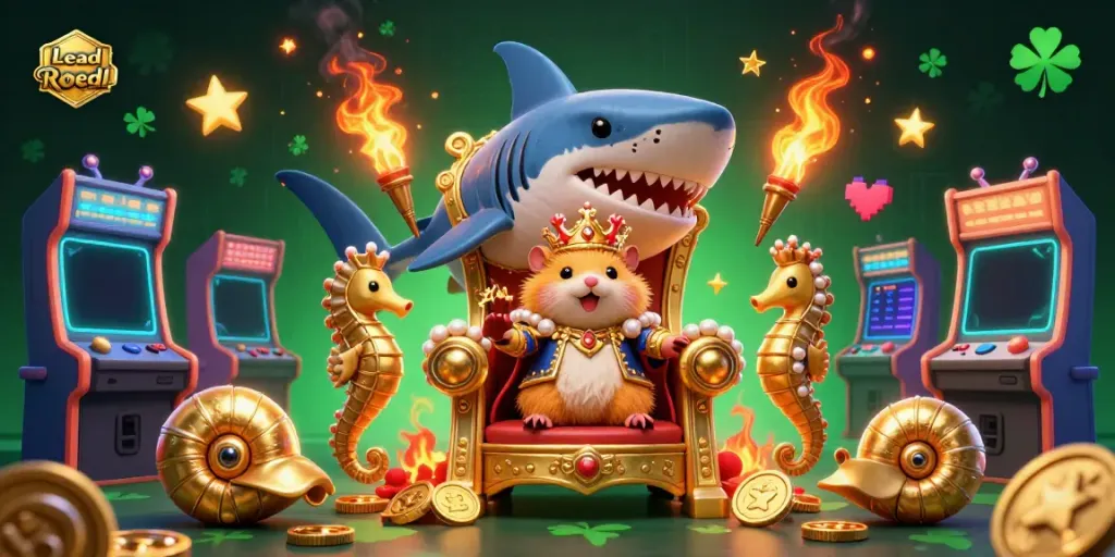 Engage in thrilling gameplay with Lead Roedl at a vibrant casino arcade featuring golden hamster royalty.