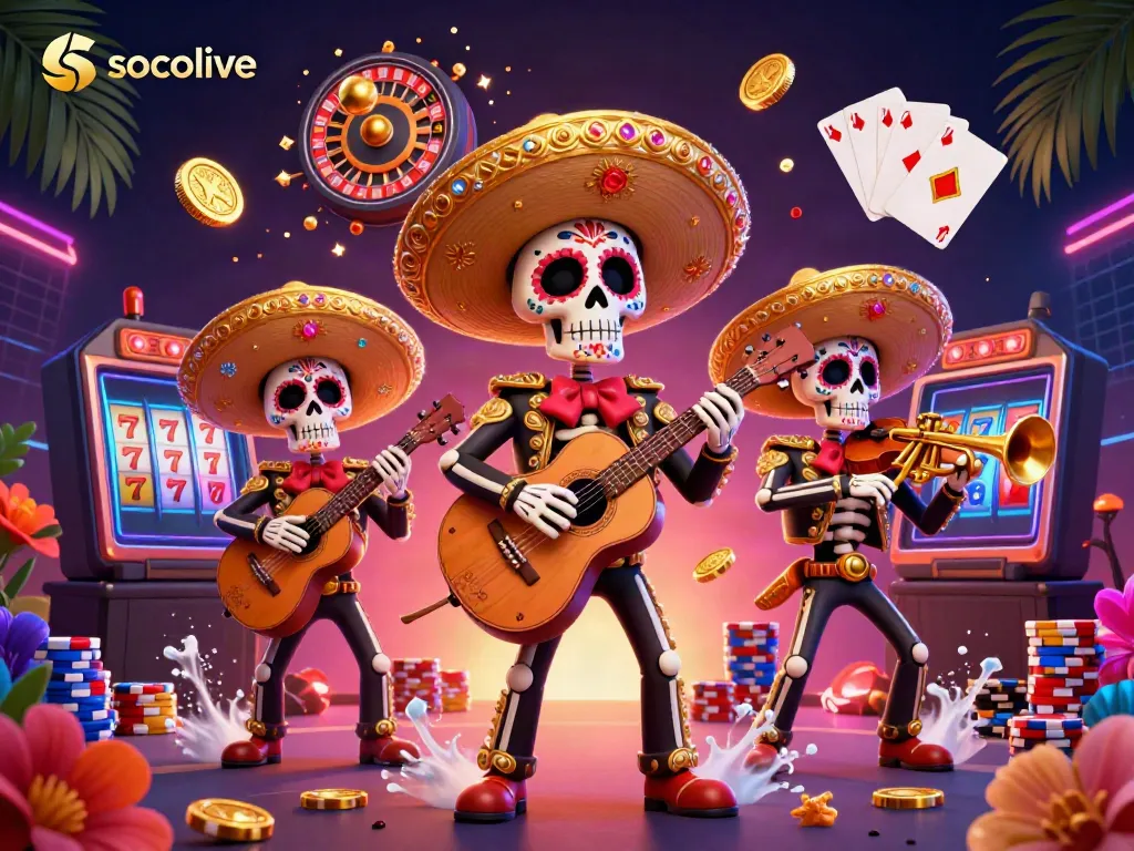 Socolive enhances your gaming experience with vibrant 3D illustrations of a mariachi band and casino elements.