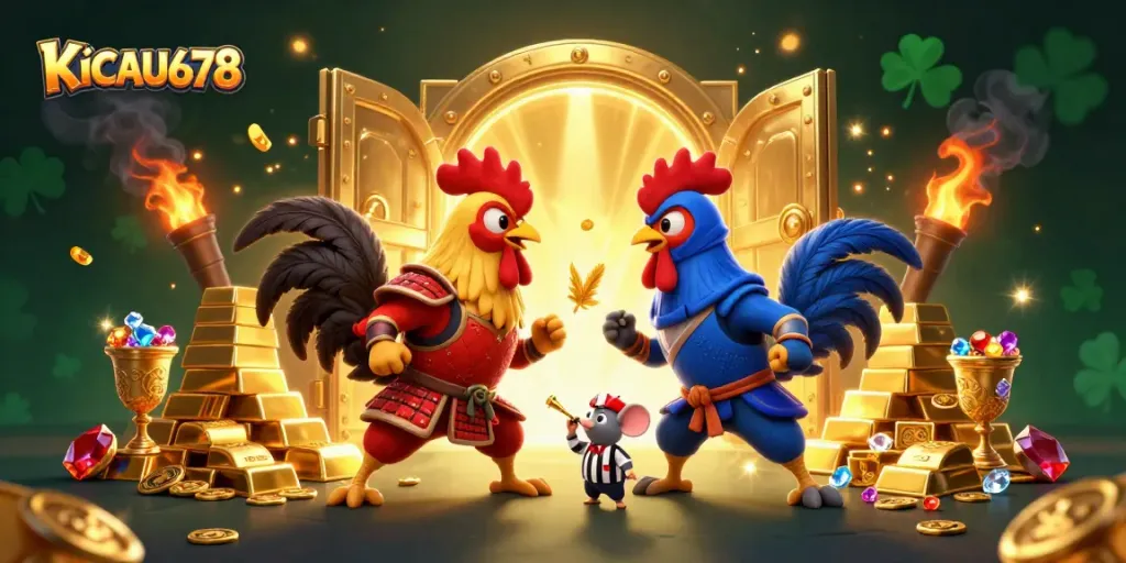 KICAU678 platforms offer online gambling with engaging roosters in a dramatic showdown in a rich casino scene.