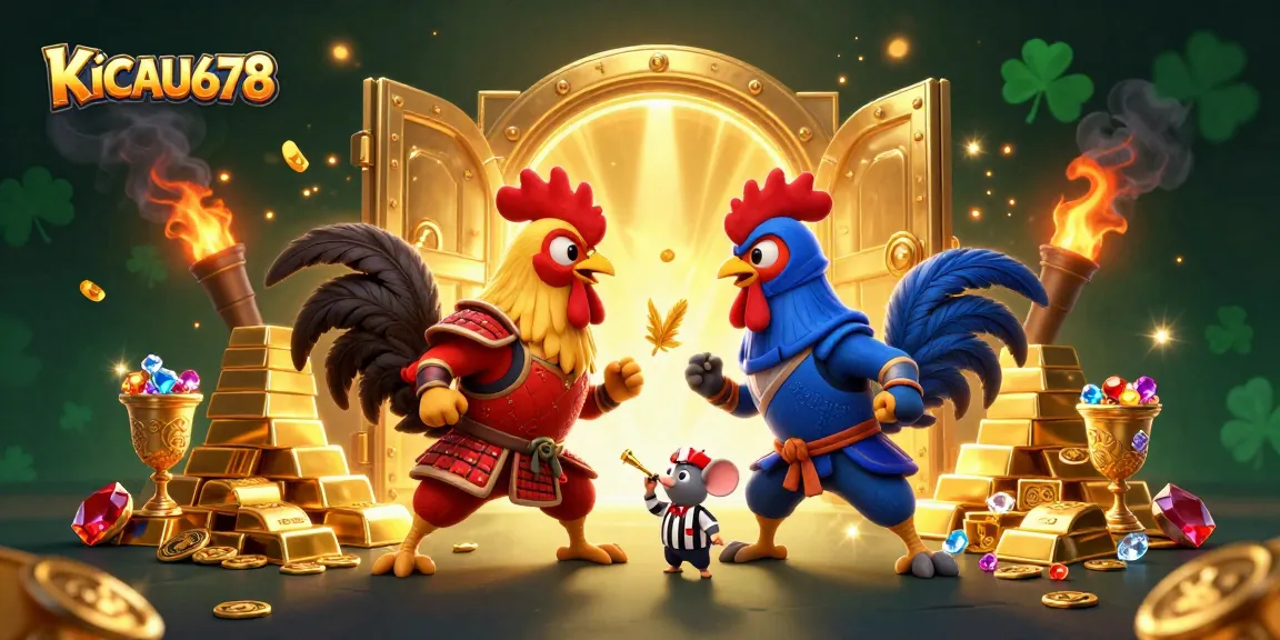 KICAU678 platforms offer online gambling with engaging roosters in a dramatic showdown in a rich casino scene.