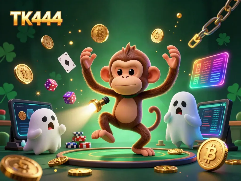 Experience the thrilling world of TK444 as a mischievous poltergeist monkey plays with golden gaming objects in a haunted casino.
