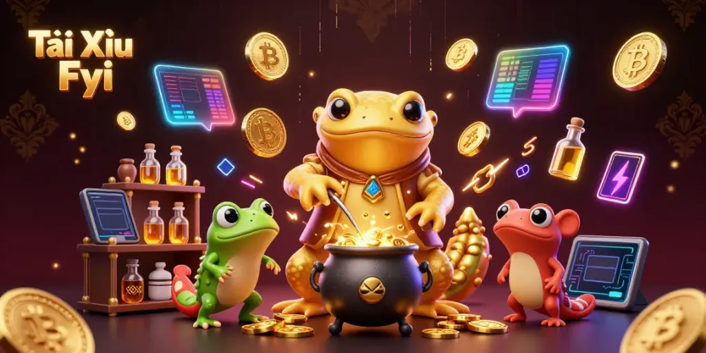 Tài Xỉu Fyi showcases a magical scene of alchemy with gold coins and crypto elements in a casino setting.