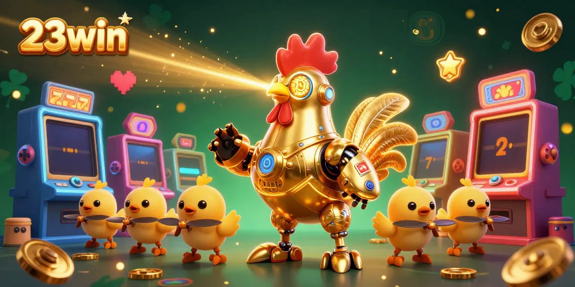 Win big with 23win featuring a golden rooster robot and exciting casino games!