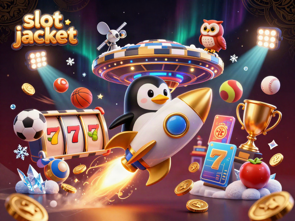 Experience the thrill of slot jackpot gaming with a penguin and vibrant casino elements.