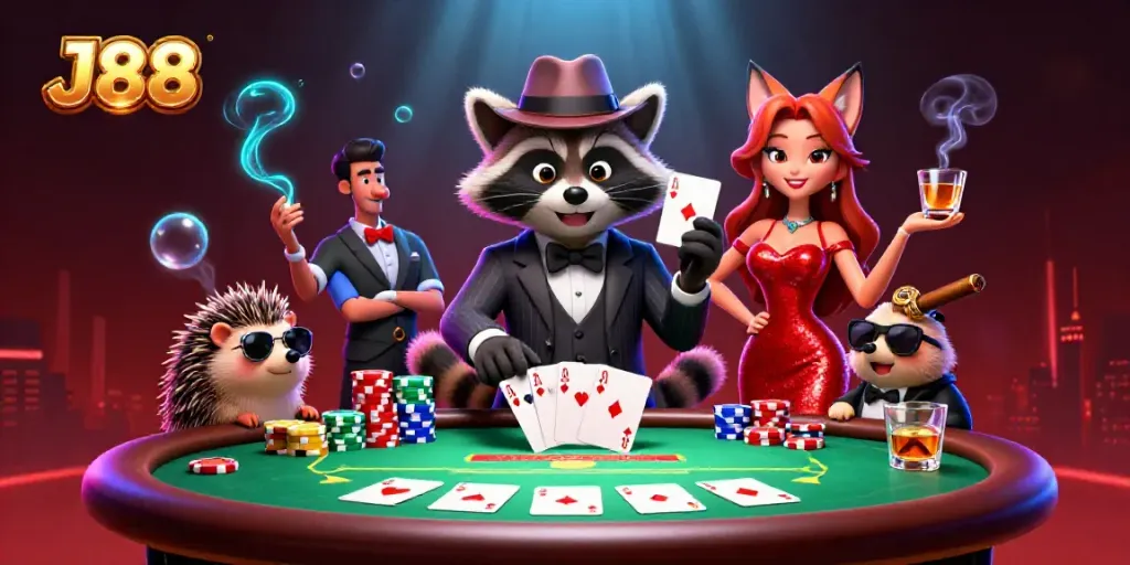 Experience J88 gameplay with a raccoon, fox, and hedgehog in a vibrant casino scene.