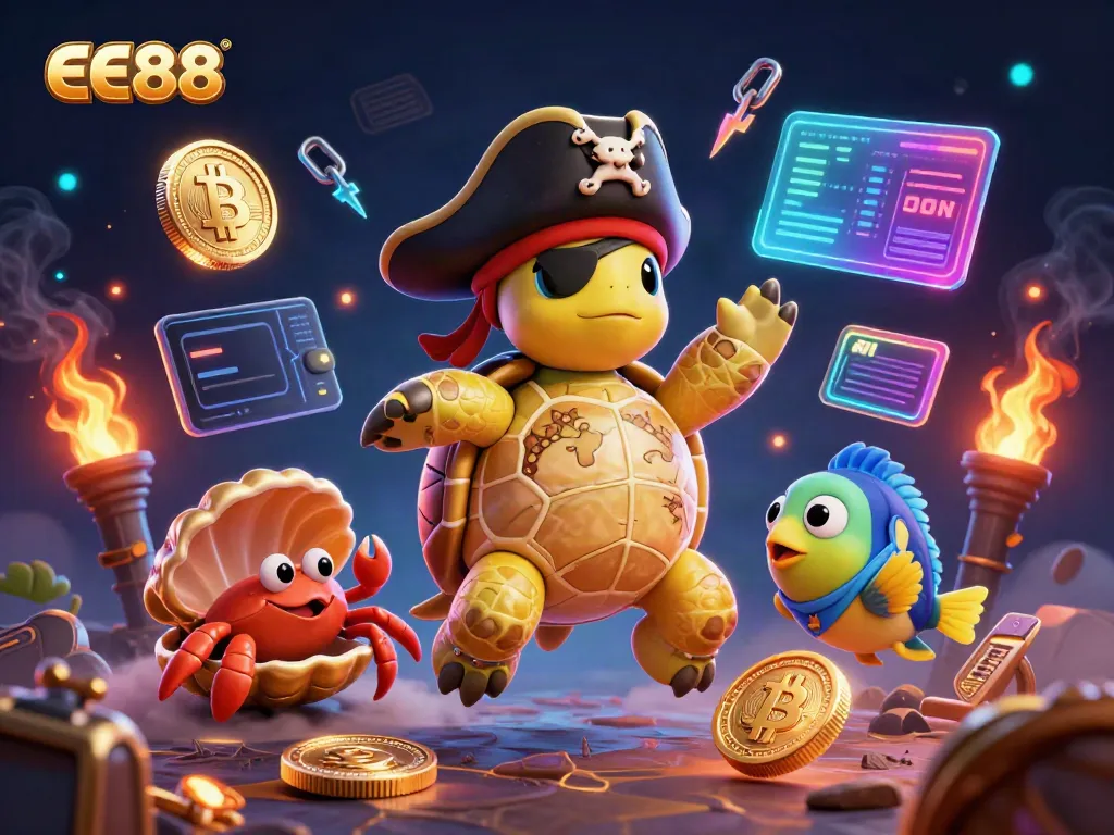 Win big with EE88 at the captivating pirate casino featuring treasure-themed characters and crypto elements.