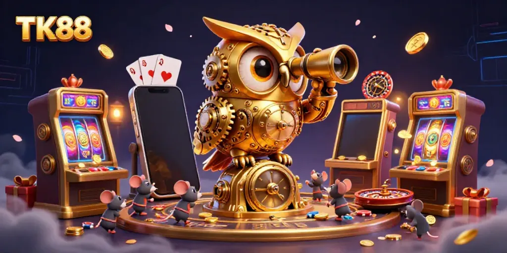 Experience the excitement of slot gaming at TK88 with vibrant casino visuals and engaging characters.