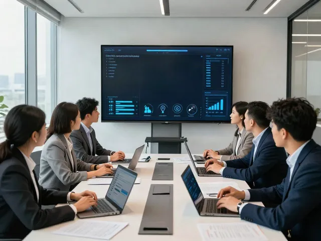 Team discussing deepfake-protected meetings in a modern office