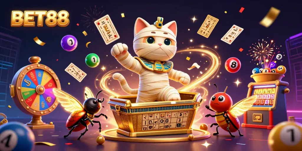 Experience the thrill of BET88 with a dynamic casino scene featuring a mummy cat and vibrant lottery elements.