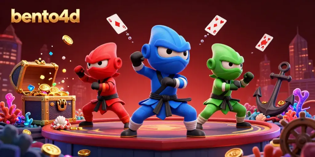 Experience bento4d thrills with ninja chameleons in an energetic casino scene, bursting with treasure and action.