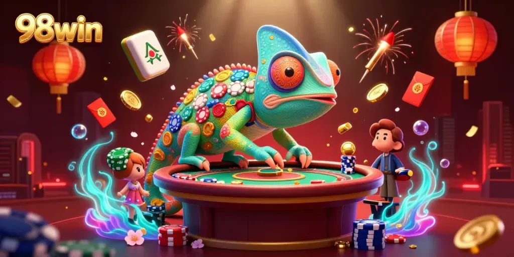 Experience thrilling gaming action at 98win with vibrant casino graphics and lively elements.
